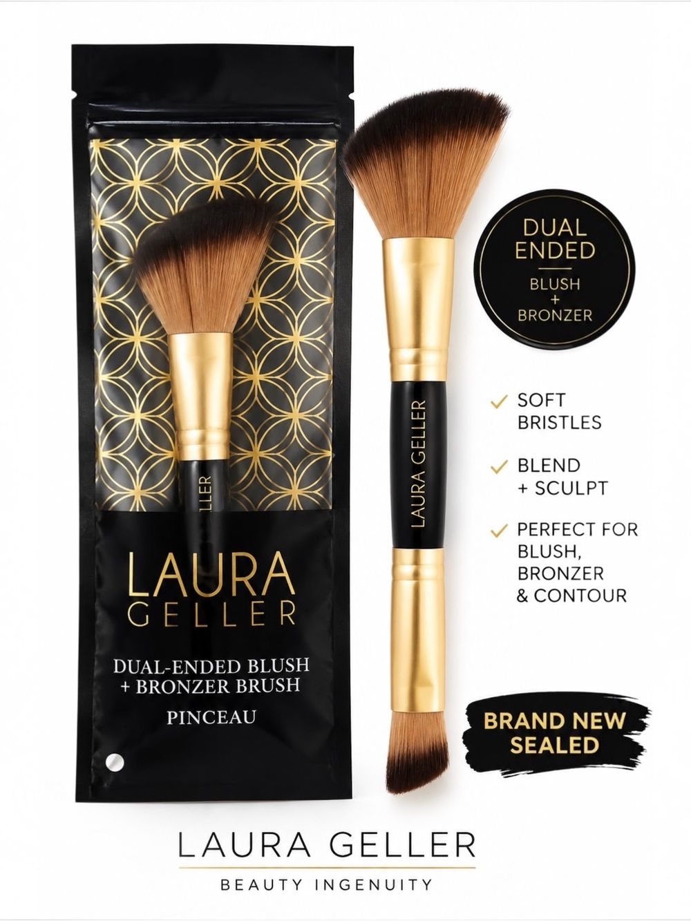 Laura Geller NWT DUAL ENDED in a SEALED Package Blush Bronzer Brush Two Brushes
